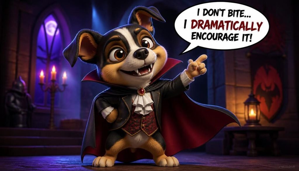 Cartoon dog dressed as a vampire striking a pose