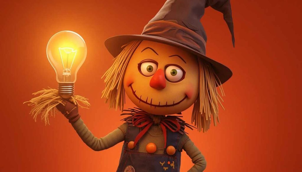 Cartoon scarecrow with a clever lightbulb idea