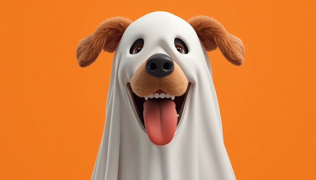 Cartoon dog laughing in a ghost costume
