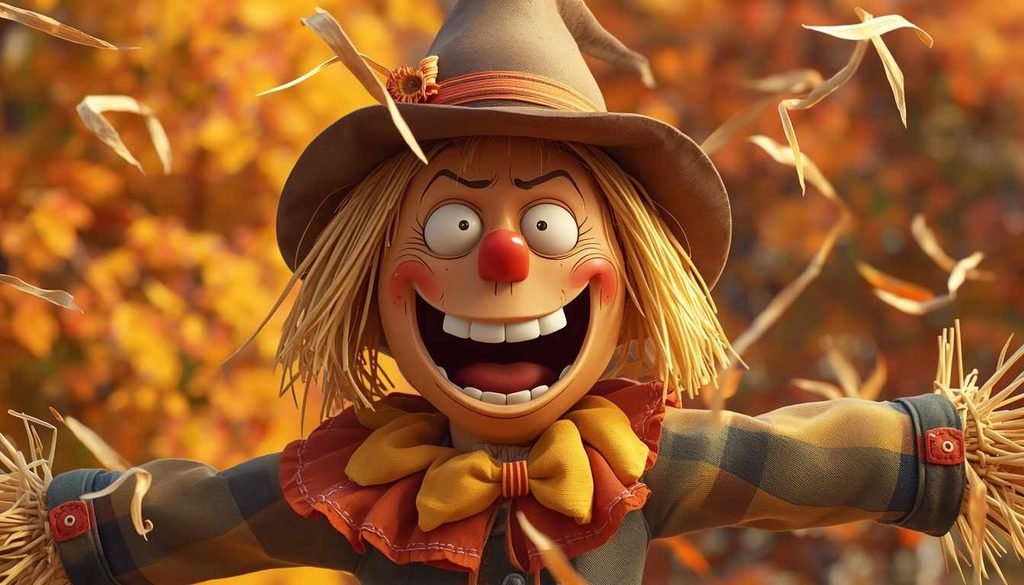 Cartoon scarecrow laughing with straw flying