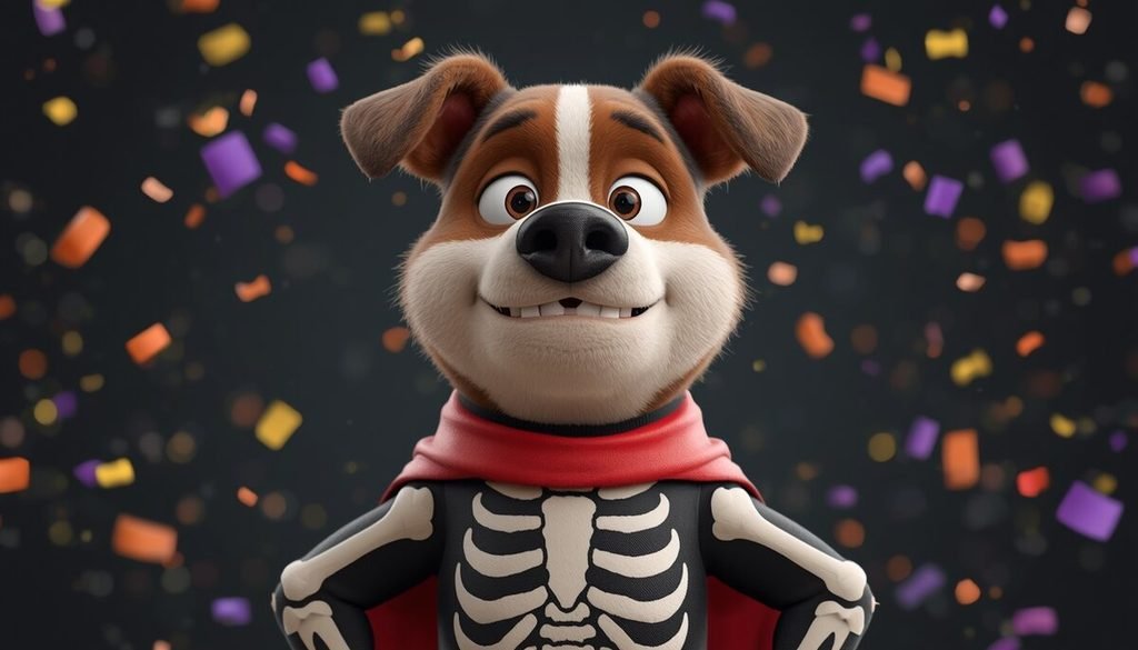 Cartoon dog wearing an elaborate Halloween costume