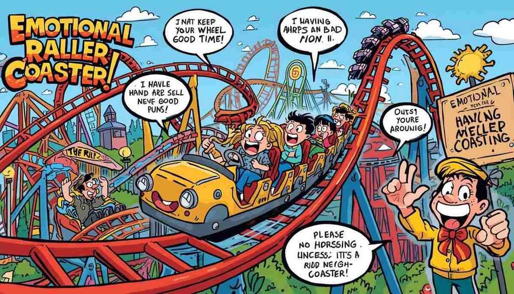 Cartoon roller coaster at the top of a big drop