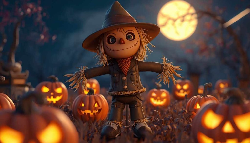Cartoon scarecrow in a spooky pumpkin patch at night