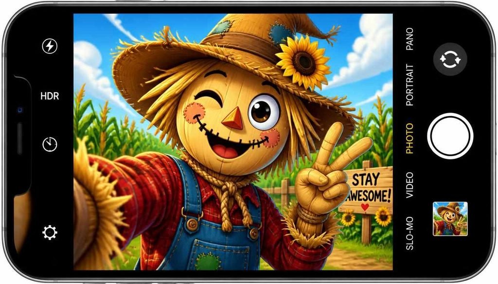 Cartoon scarecrow posing for a selfie