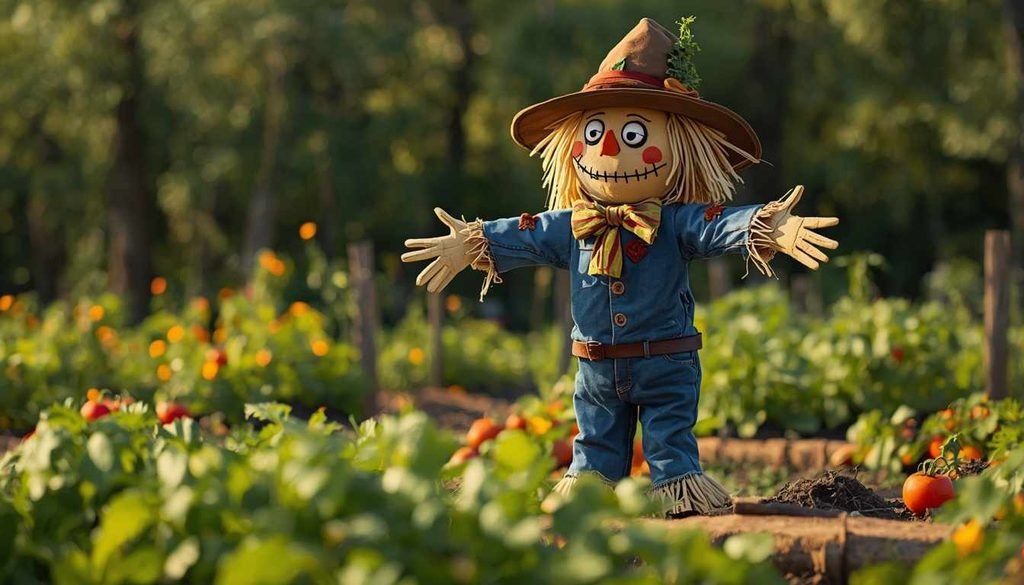Cartoon scarecrow guarding a vegetable garden