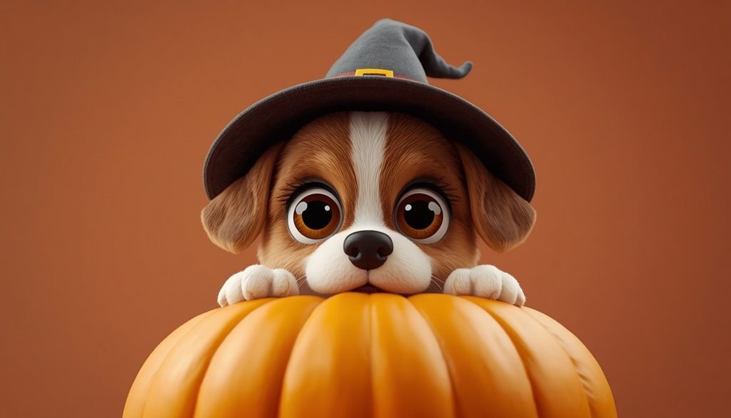 Cute cartoon dog peeking from behind a pumpkin