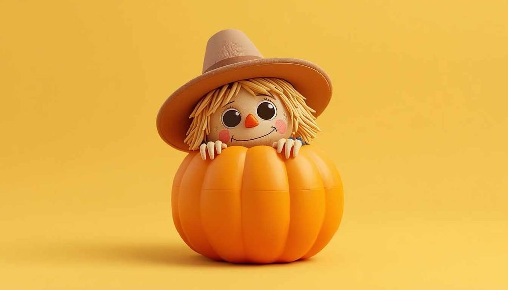 Cute cartoon scarecrow peeking from behind a pumpkin