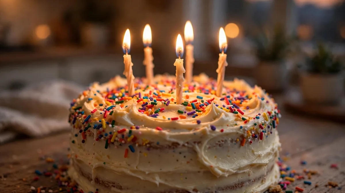 close view of a birthday cake with glowing candles and colorful sprinkles on top