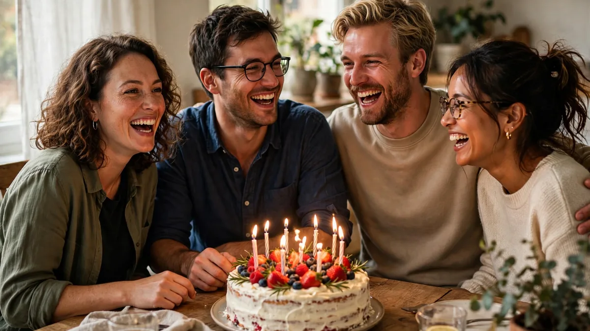 friends gathered around a birthday cake with glowing candles at a warm indoor party