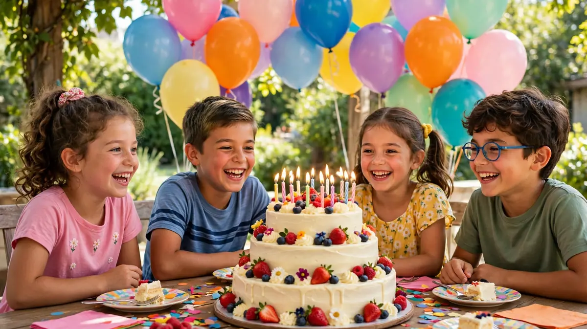 happy children laughing at a birthday party with balloons and a big cake