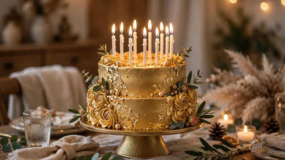 an elegant golden fiftieth birthday cake with candles at a family celebration
