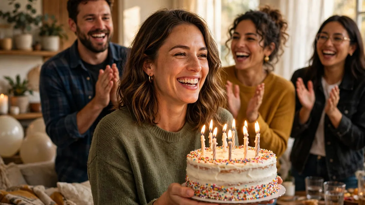 a smiling woman holding a birthday cake while friends celebrate behind her