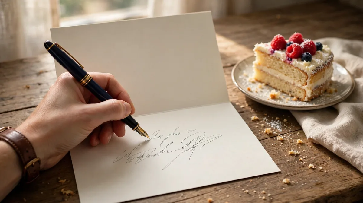 a hand writing a birthday message inside a greeting card beside a slice of cake