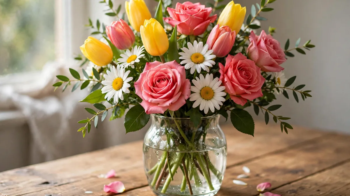 A bright bouquet of roses, tulips and daisies in a glass vase on a wooden table in natural light.