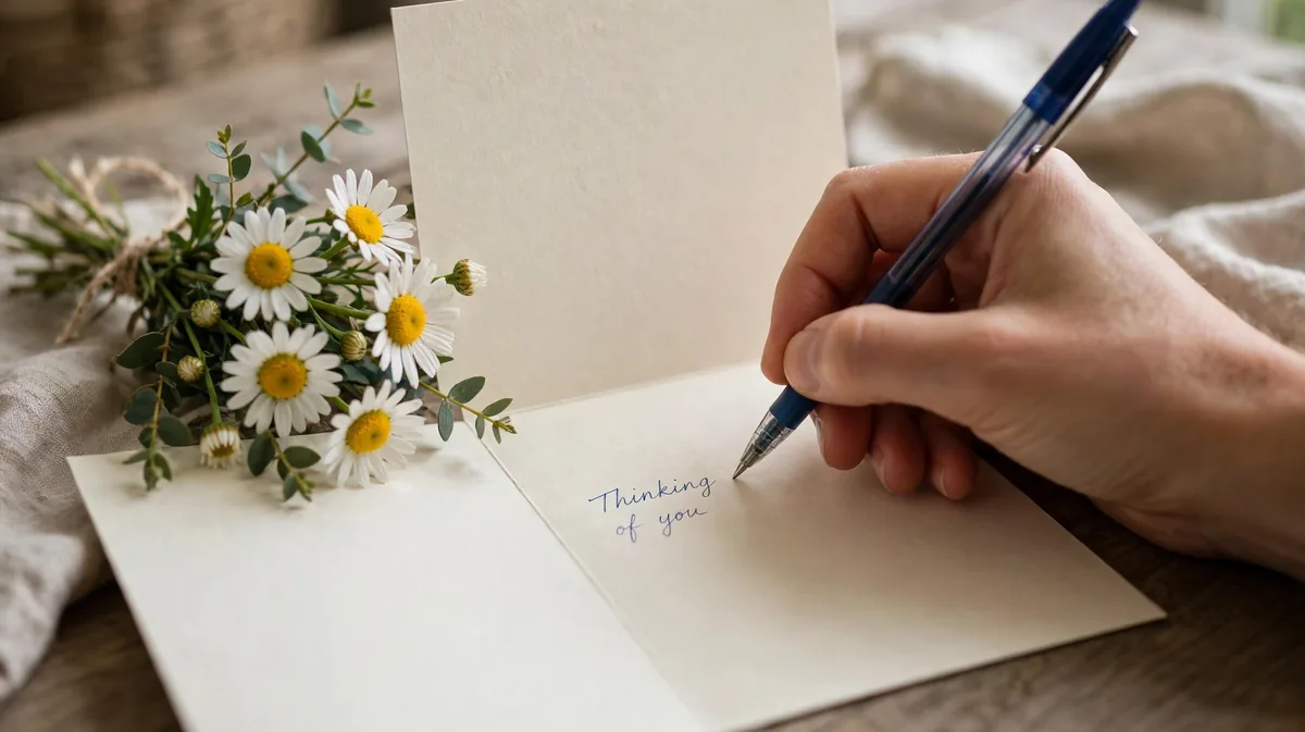 A hand writing a short message inside a greeting card beside a small bunch of daisies.