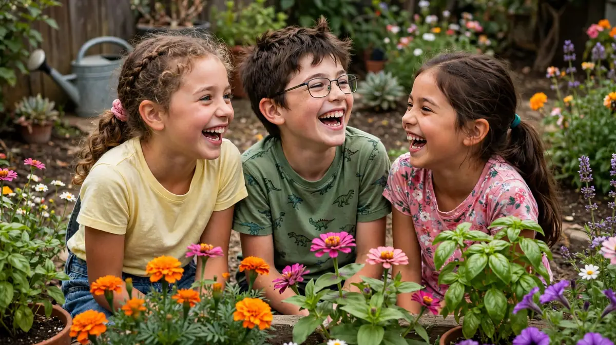Happy children laughing beside colorful flowers in a home garden.