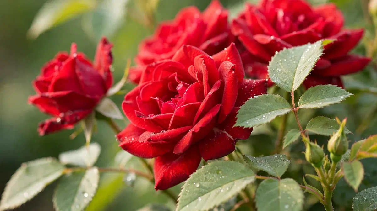 A close view of fresh red roses with soft green leaves in morning light.