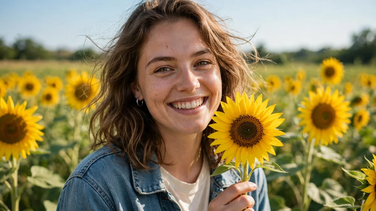 A smiling person holding a sunflower in a sunny field.
