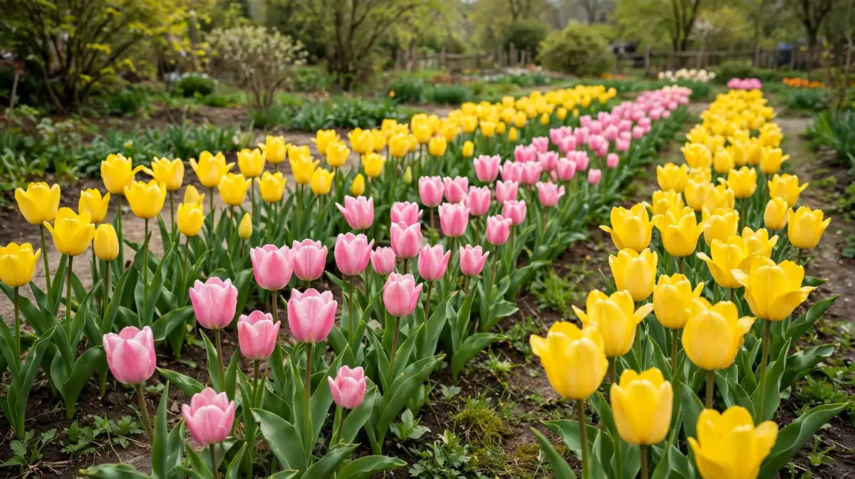Rows of yellow and pink tulips blooming in a spring garden.