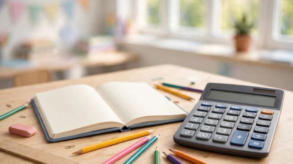 Calculator and notebook on a bright desk with pencils.