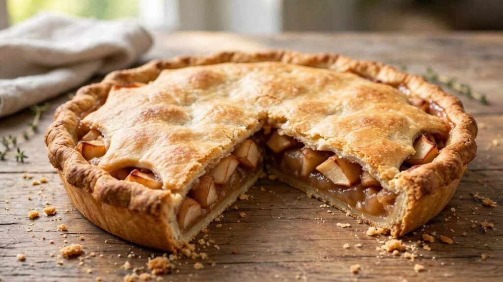 Round pie on a table with a slice cut out.