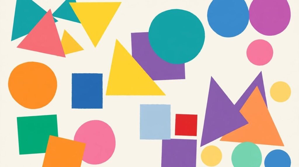 Colourful geometric shapes on a light background.